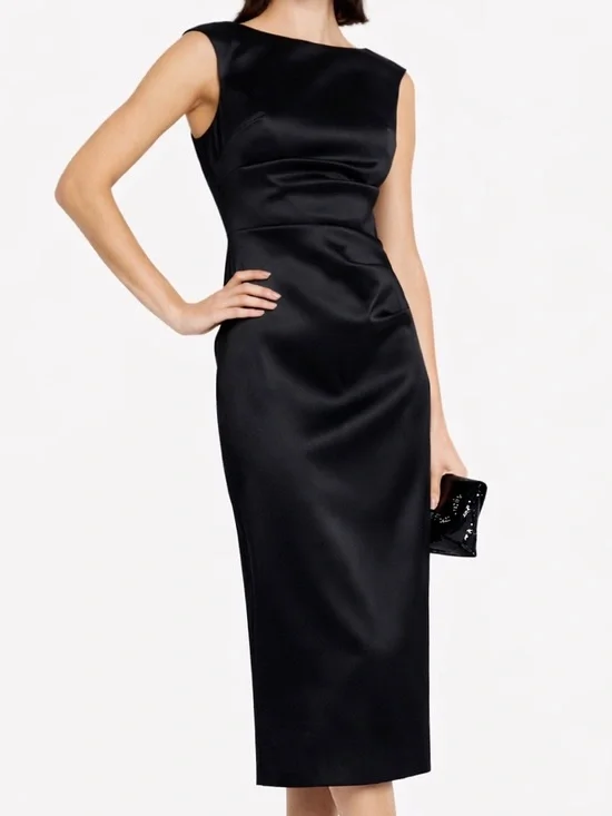 🆕✨ Aidan Mattox Adrianna Papell Black Satin Sheath Dress Midi Size 16 Classic - Picture 1 of 17
